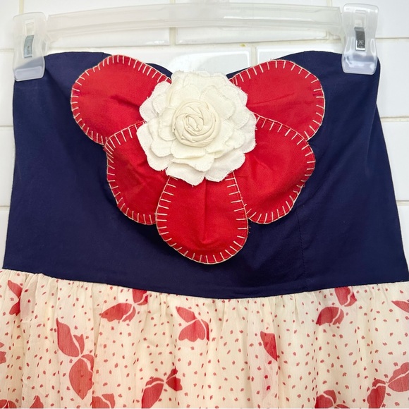 🍓Judith March Mini Dress Sweetheart strapless 3-D flower Blue Red Cream Medium - Picture 5 of 11